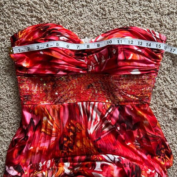 Deb's Y2K Strapless Sequin Coral Colorful Pleated Formal Prom Maxi Gown - Picture 12 of 13